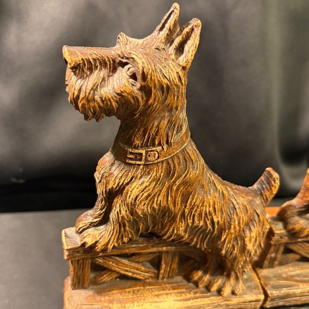 Vintage Syroco Scottish Terrier Dog Bookends Brown Wood Composite Scottie Pair